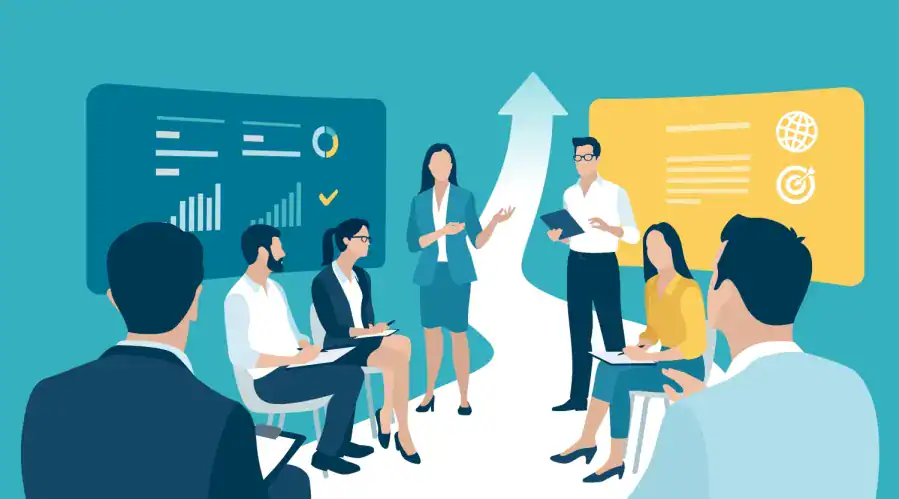 Business team presenting data analysis and strategies in a professional meeting.