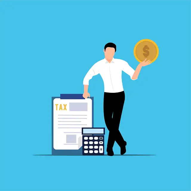 Business professional holding a coin with tax documents and calculator, representing virtual tax fir.